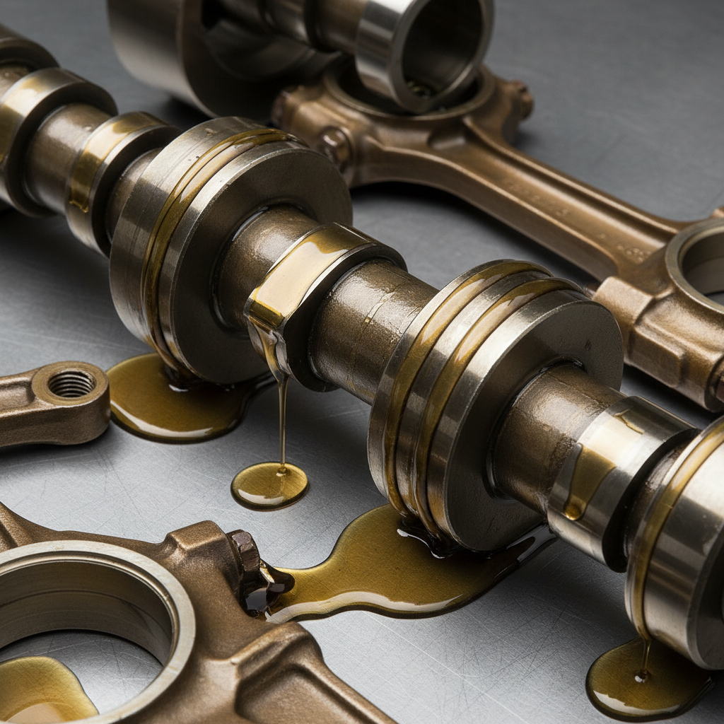 Automotive engine components with lubricant oil coating showing reduced friction surfaces